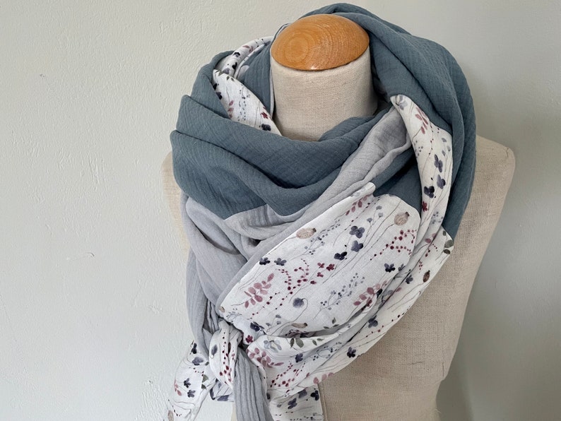 Muslin cloth XXL wrap scarf triangle loop scarf beige blue blue gray dust pastel tone cotton scarf stole summer cloth triangular scarf image 9