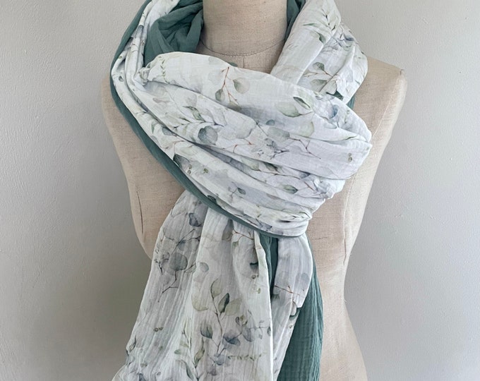 Scarf Stole Muslin Cloth XXL Wrap Scarf Loop Scarf Green Reed Watercolor Leaves Eucalyptus Pastel Cotton Summer Scarf