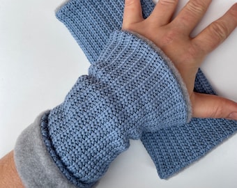 Arm warmers, wrist warmers, muffs, knit, blue, jeans, gray, fleece, winter lined