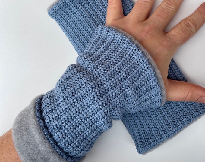 Arm warmers cuffs wrist warmers muff knit blue jeans grey fleece winter lined
