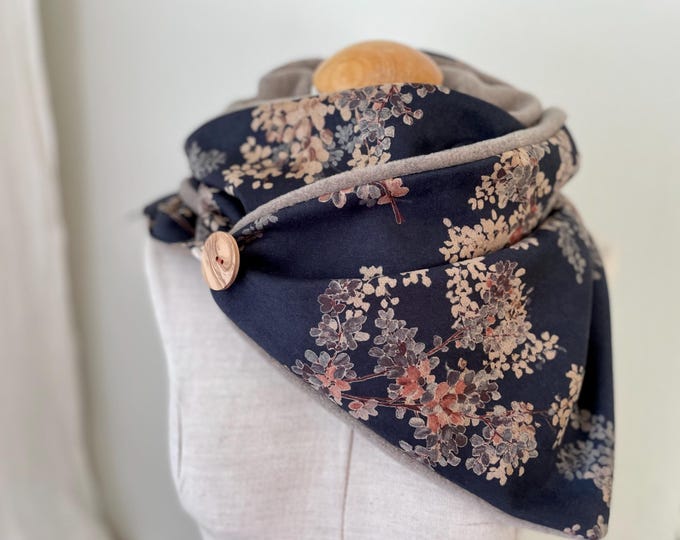 Wrap Scarf Triangle Scarf Scarf Button Scarf Fleece Scarf Winter Scarf Blue Flowers Romantic Fleece