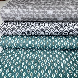 Cotton Fabric Patchwork Fabric Cotton Green Grey Waves Elephants Bows