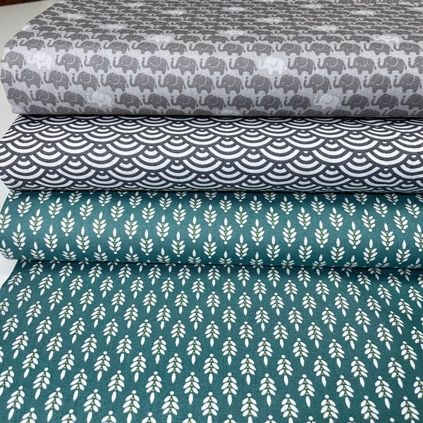 Baumwolle Stoff Patchwork Fabric Cotton Grün Grau Wellen Elefanten Bögen