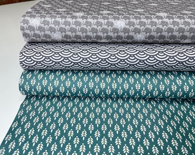 Cotton Fabric Patchwork Fabric Cotton Green Grey Waves Elephants Bows