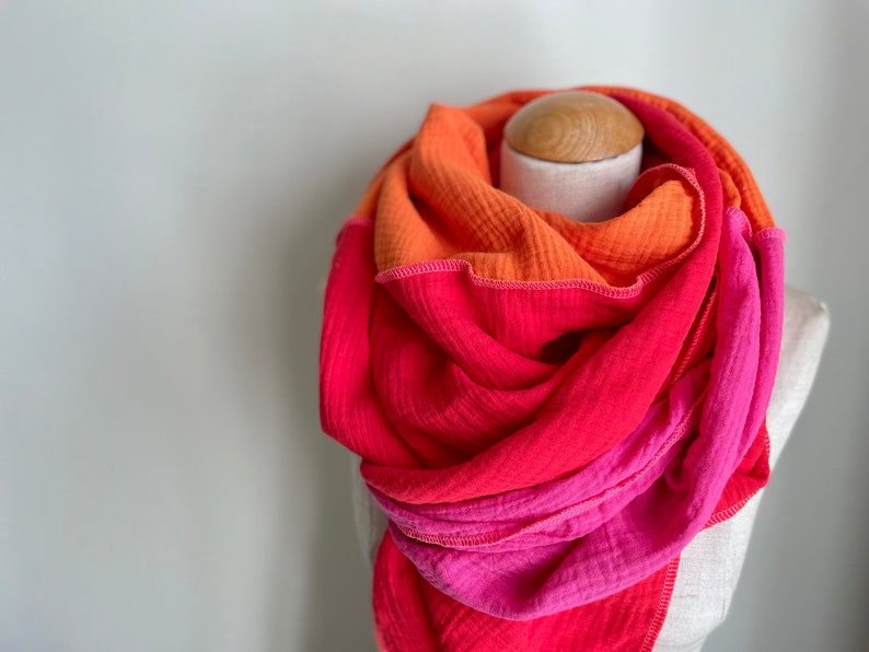 Muslin cloth XXL wrap scarf triangle loop scarf pink fuchsia orange rust pink cotton scarf stole summer scarf triangular scarf image 5