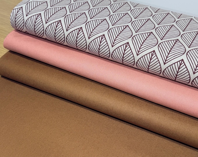 Decorative fabric, canvas, bag fabric, cotton, sold by the meter, leaves, natural, beige, dark red, brown, cognac