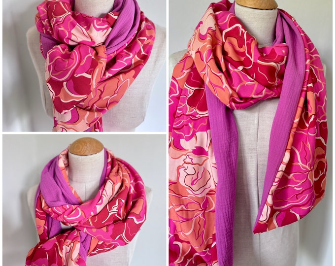 Scarf Stole Muslin Cloth XXL Wrap Scarf Loop Scarf Pink Fuchsia Orange Pink Cotton Summer Scarf