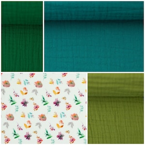 Muslin Double Gauze Cotton Fabric Muslin Green Petrol Turquoise Flowers Digital Print Olive Blue Dress Scarf Triangular Scarf