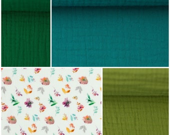 Muslin Double Gauze Cotton Fabric Muslin Green Petrol Turquoise Flowers Digital Print Olive Blue Dress Scarf Triangular Scarf
