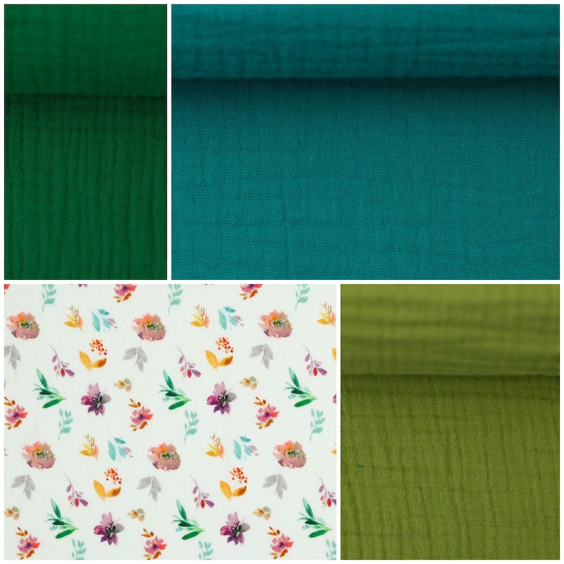 Peut inclure: Quatre &eacute;chantillons de tissu de diff&eacute;rentes couleurs et motifs. L'&eacute;chantillon en haut &agrave; gauche est vert fonc&eacute;, l'&eacute;chantillon en haut &agrave; droite est bleu sarcelle, l'&eacute;chantillon en bas &agrave; gauche est un tissu blanc &agrave; motif floral et l'&eacute;chantillon en bas &agrave; droite est vert clair.
