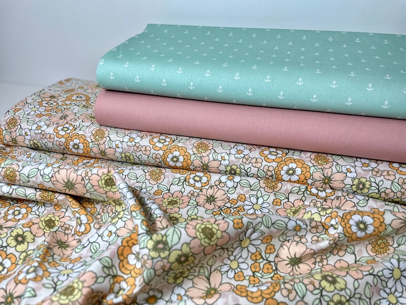 Cotton Poplin Cotton Fabric by the Meter Flowers Retro Orange Salmon Pink Anchor Mint Dress Skirt Girls Cushion image 1
