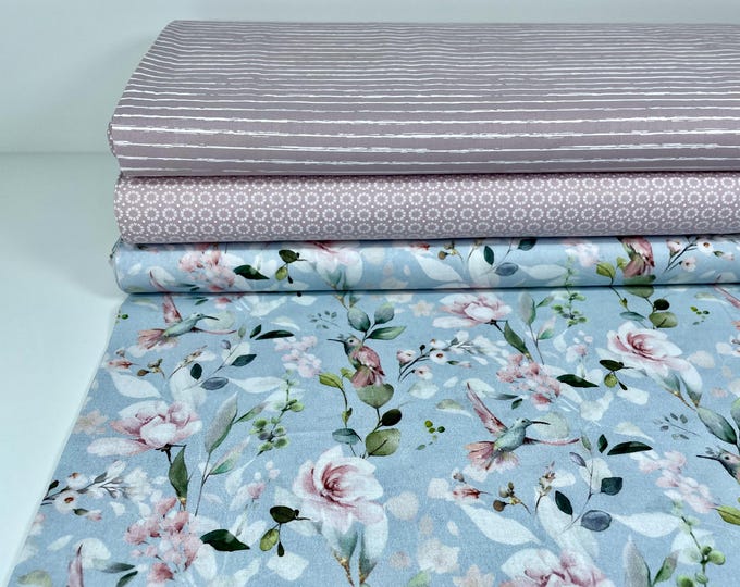 Cotton Fabric Blue Pink Pastel Cotton Fabric Birds Flowers Watercolor Eucalyptus