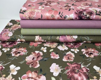 Baumwolle Stoff Patchwork Meterware Grün Schilf Blätter Blumen Rosa Digitaldruck