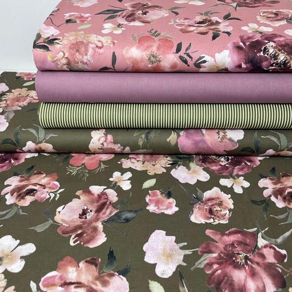 Cotton Fabric Patchwork Sold by the Meter Green Reeds Leaves Flowers Pink Digital Print