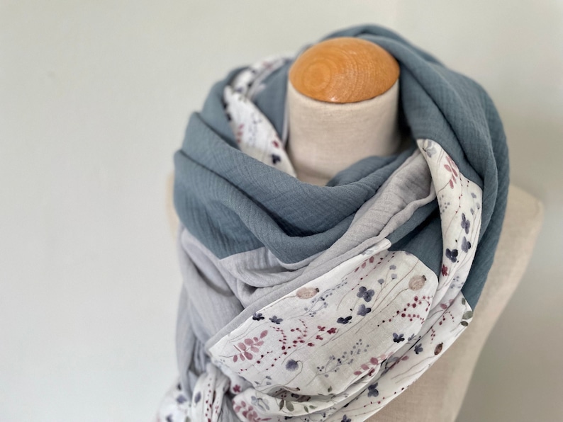 Muslin cloth XXL wrap scarf triangle loop scarf beige blue blue gray dust pastel tone cotton scarf stole summer cloth triangular scarf image 1