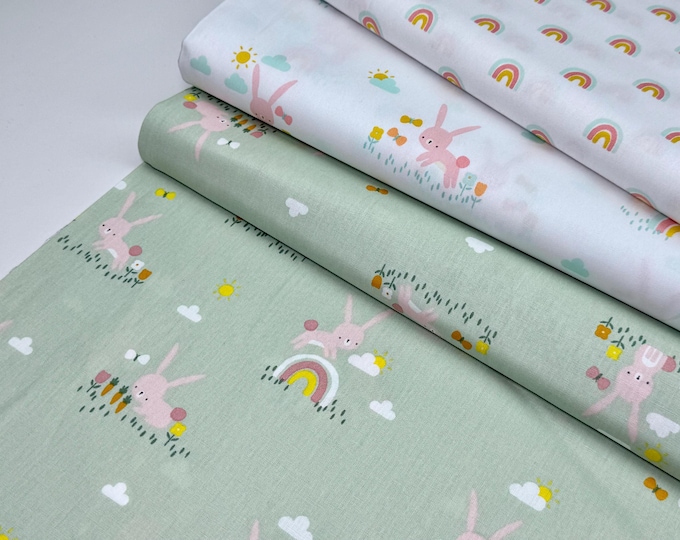 SALE 1m Cotton Fabric Rainbow Rabbits Patchwork by the Meter