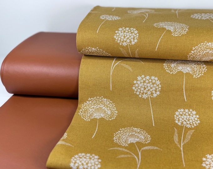 Canvas Flowers Dandelions Curry Yellow Faux Leather Decorative Fabric Bag Fabric Curtain Tablecloth Cushion Cover Cover Sewing Cognac Brown
