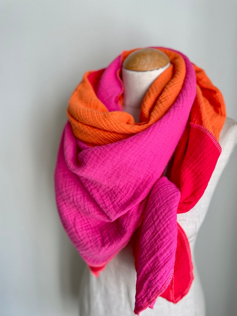 Muslin cloth XXL wrap scarf triangle loop scarf pink fuchsia orange rust pink cotton scarf stole summer scarf triangular scarf image 9