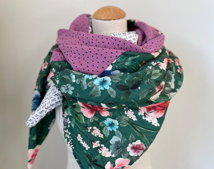 Muslin Scarf Viscose Light XXL Wrap Scarf Loop Scarf Green Reed Flowers Pink Lilac Purple Scarf Stole Summer Scarf Triangular Scarf