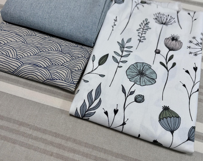 Decorative fabric canvas bag fabric cotton by the meter blue navy maritime flowers shells waves leaves green pastel summer linen look backpack