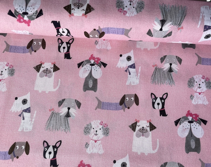 SALE 1m Cotton Fabric Dogs Pink Grey Patchwork Fabric Cotton