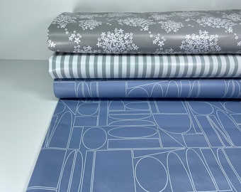 Wachstuch Wachsstoff Tischdecke Zuschnitt Fabric Oilcloth PVC Blau Blau Lavendel Grafisch Kreise Linien Punkte Streifen Grau Gestreift