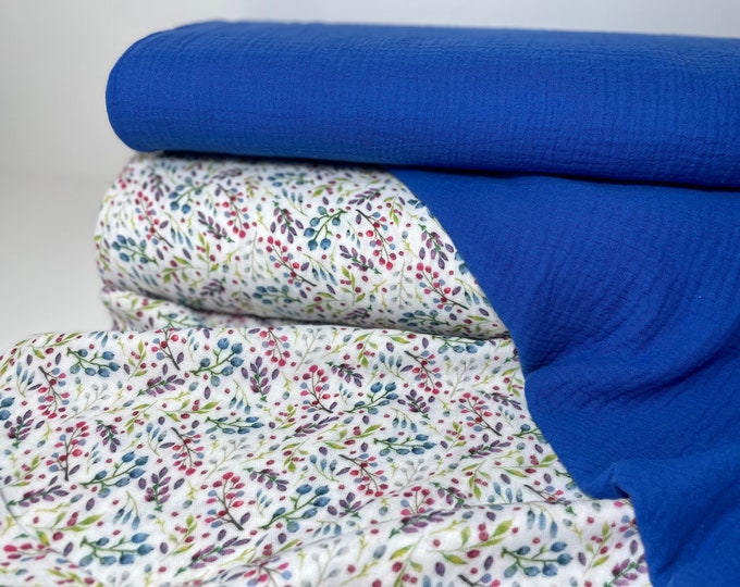 Muslin Double Gauze Cotton Fabric Summer Flowers Blue Royal Blue