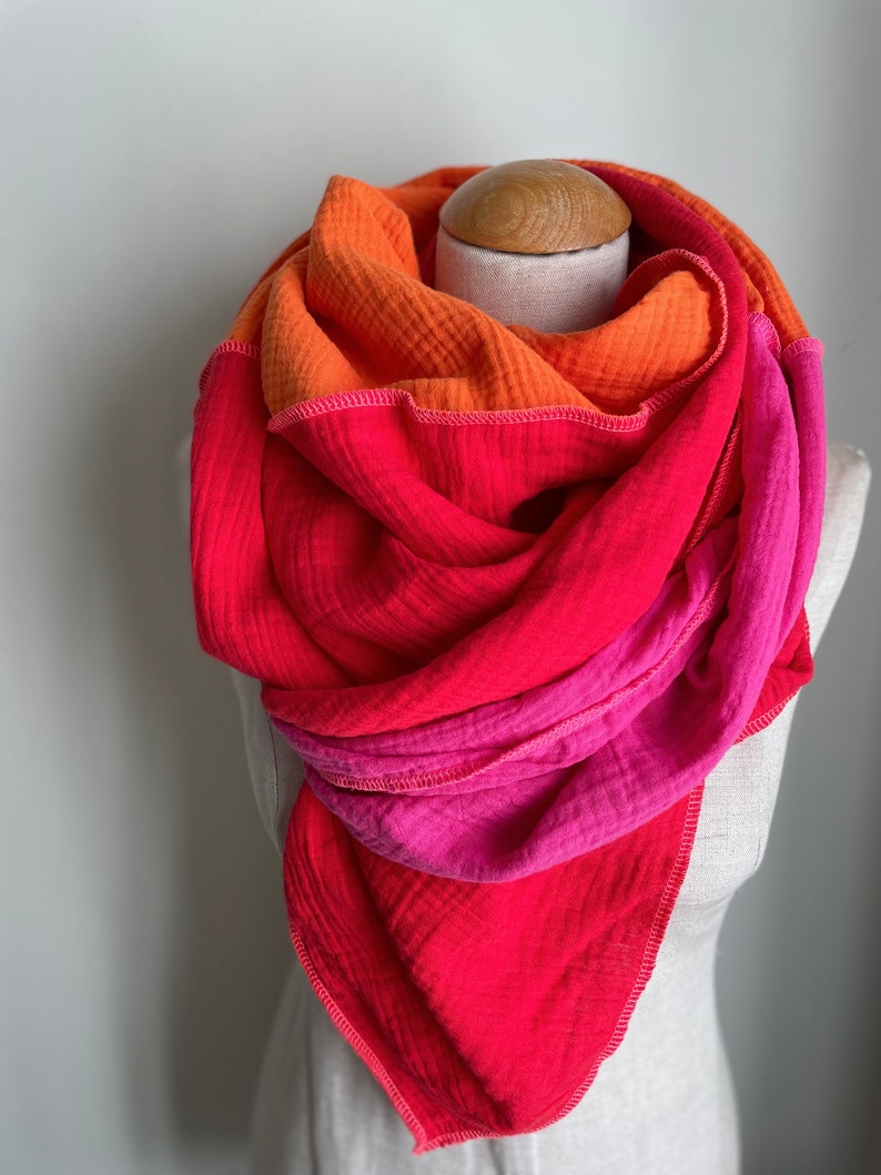Muslin cloth XXL wrap scarf triangle loop scarf pink fuchsia orange rust pink cotton scarf stole summer scarf triangular scarf image 6