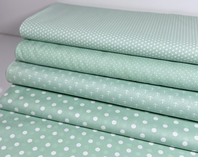 Cotton Mint Pastel Green Cotton Fabric Dots Stars Anchor Polka Dot