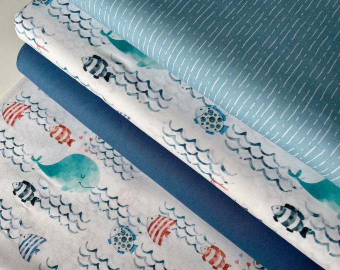 SALE 1m Cotton Fabric Patchwork Fabric by the Meter Whale Fish