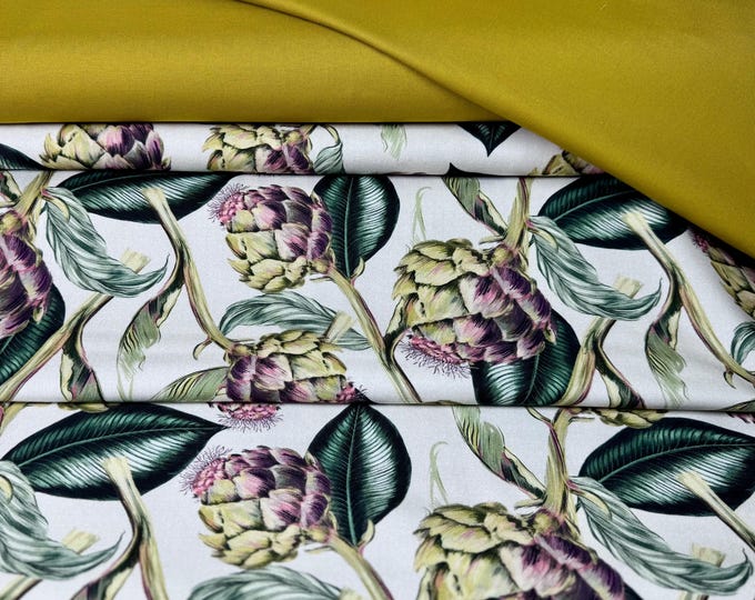 Decorative fabric, canvas, bag fabric, cotton, sold by the meter, lilac, artichoke, curry, stripes, pink, flowers, leaves, purple, green, pink, cushion, tablecloth