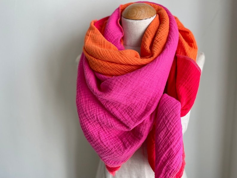 Muslin cloth XXL wrap scarf triangle loop scarf pink fuchsia orange rust pink cotton scarf stole summer scarf triangular scarf image 1