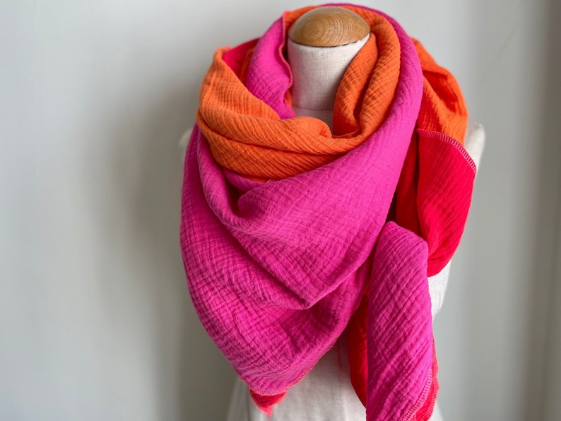 Bufanda de muselina XXL, bufanda envolvente, bufanda triangular, bufanda de lazo rosa fucsia naranja óxido rosa, bufanda de algodón, estola, bufanda de verano, bufanda triangular