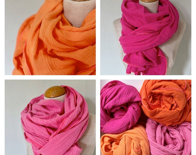 Muslin cloth square wrap scarf loop scarf cotton apricot peach pink fuchsia orange pink neon beach towel stole summer scarf triangular scarf