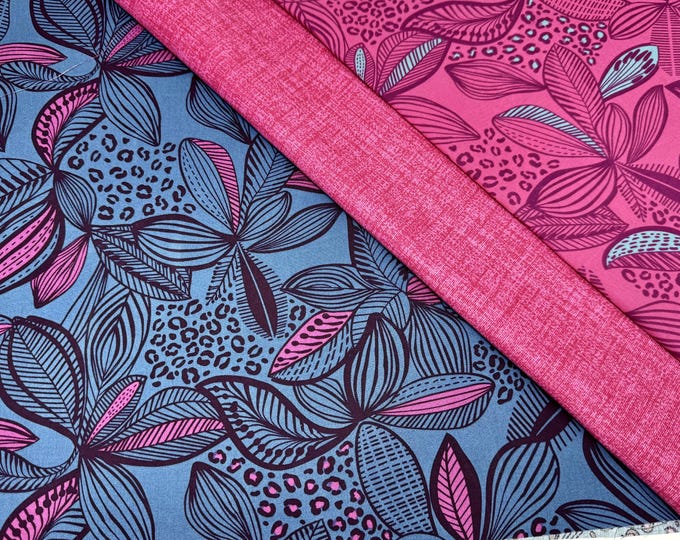 Coated cotton oilcloth, tablecloth by the meter, bag fabric, tablecloth, water-repellent, pink leaves, blue