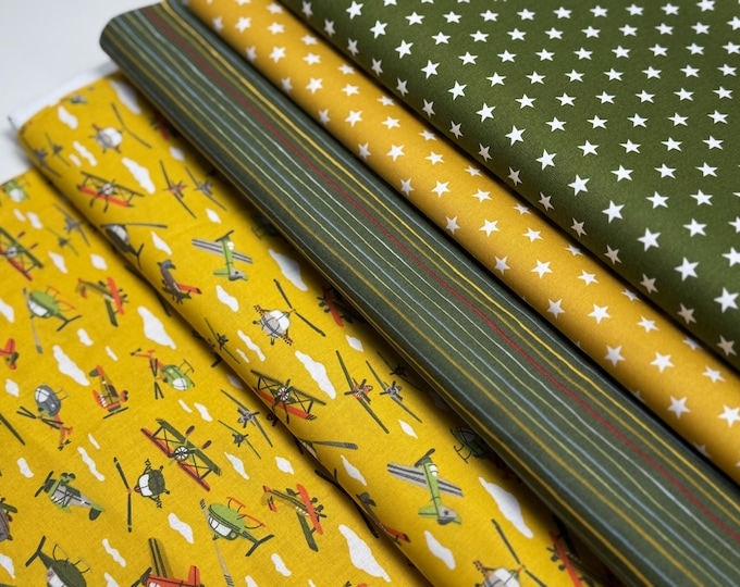 SALE 1 m Children's Fabric Cotton Stars Stripes Airplane Yellow Green Curry