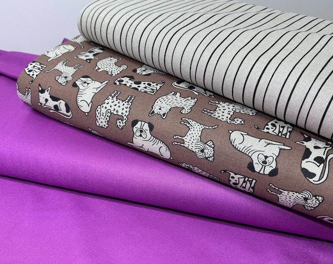 Decorative fabric, canvas, bag fabric, cotton, sold by the meter, dogs, stripes, graphic, violet, natural, beige, brown, cognac