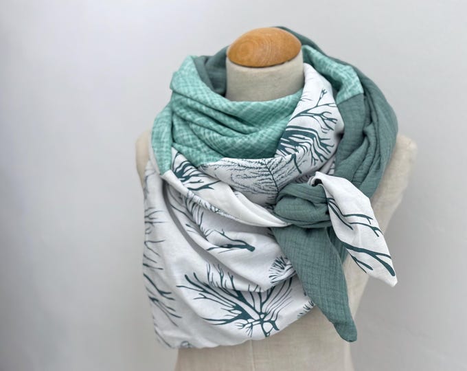 Triangular scarf XXL wrap scarf loop scarf muslin scarf scarf neckerchief stole summer scarf gauze mint reed sage green leaves viscose