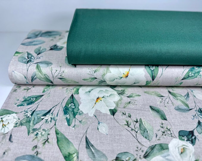 Canvas Faux Leather Bag Fabric Cotton Fabric Decorative Fabric Pillow Sewing Watercolor Taupe Mint Green Flowers Roses Beige