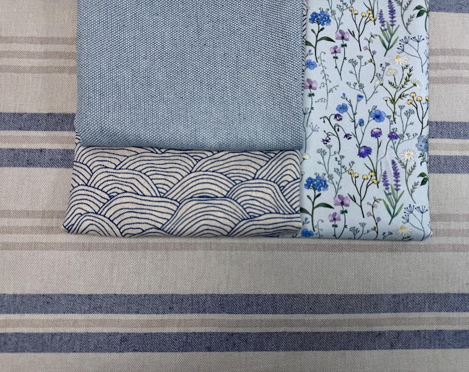 Decorative fabric canvas bag fabric cotton by the meter blue navy maritime flowers shells waves leaves green pastel summer linen look backpack