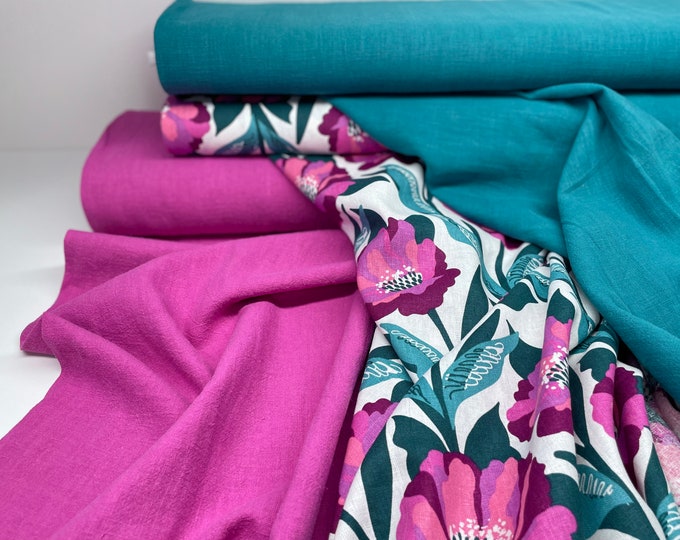 Linen fabric stonewashed dress pants bed linen curtain napkins pillow sewing green turquoise petrol pink fuchsia flowers cyclamen