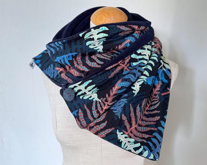 Wrap Scarf Triangle Scarf Button Scarf Loop Reversible Scarf Leaves Blue Green Rust Orange Knitted Autumn Winter Fleece Jersey Scarf