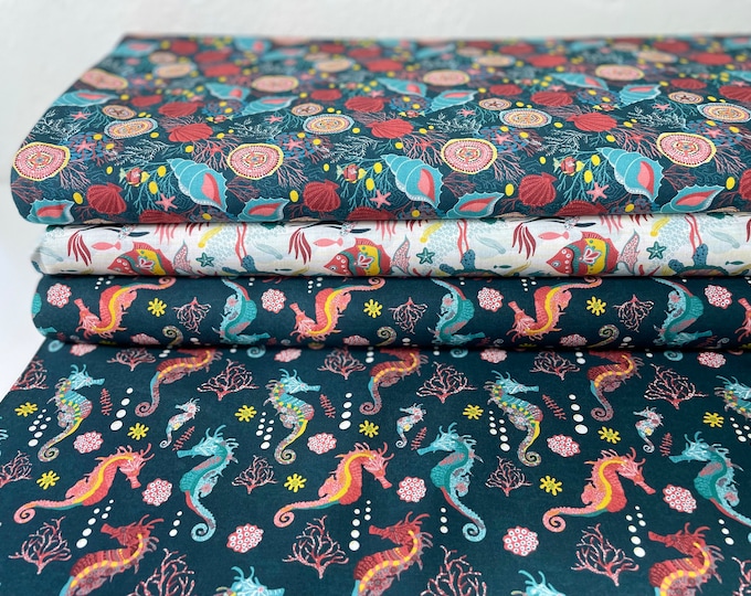 Cotton Fabric Fabric Package Fish Shells Sea Seahorse Summer Patchwork Fabric Cotton Blue Pink Turquoise