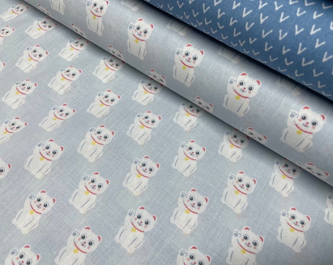 SALE 1m Cotton Cat Blue Grey Cotton Fabric by the Meter Pastel Fabric Bundle