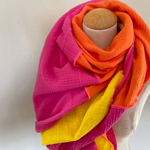 Muslin scarf XXL wrap scarf triangle loop scarf pink fuchsia neon orange rust pink yellow cotton scarf stole summer scarf triangular scarf