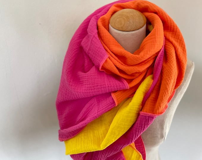 Muslin scarf XXL wrap scarf triangle loop scarf pink fuchsia neon orange rust pink yellow cotton scarf stole summer scarf triangular scarf