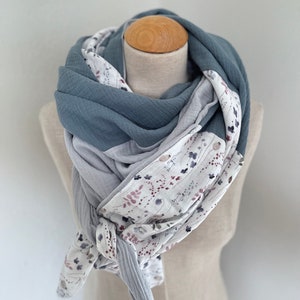 Muslin cloth XXL wrap scarf triangle loop scarf beige blue blue gray dust pastel tone cotton scarf stole summer cloth triangular scarf image 2