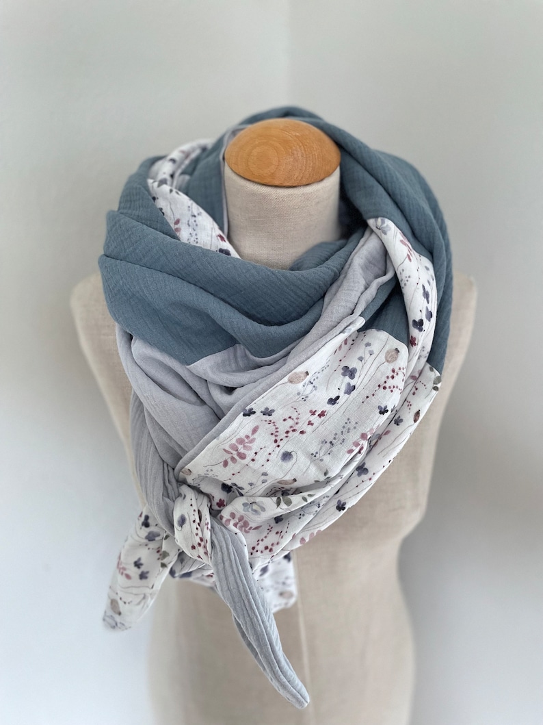 Muslin cloth XXL wrap scarf triangle loop scarf beige blue blue gray dust pastel tone cotton scarf stole summer cloth triangular scarf image 2