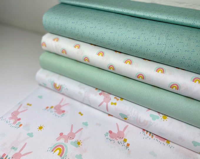 Cotton Fabric Rainbow Rabbits Sold by the Meter Patchwork