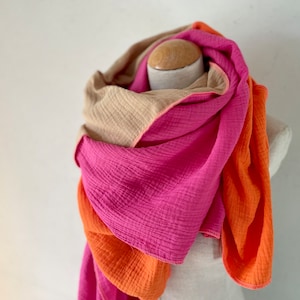 Muslin scarf XXL wrap scarf triangle loop scarf pink fuchsia neon orange rust pink yellow cotton scarf stole summer scarf triangular scarf